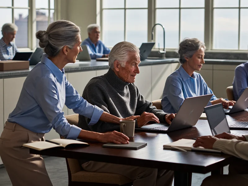 Eine kleine Gruppe Senioren arbeitet an Laptops, die Lehrkraft hilft einer Teilnehmerin.